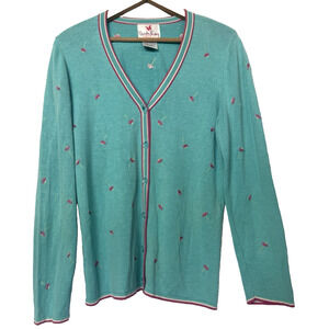 Quacker Factory Silk Floral Embroidered Button Cardigan‎ Sweater Size M Daisies